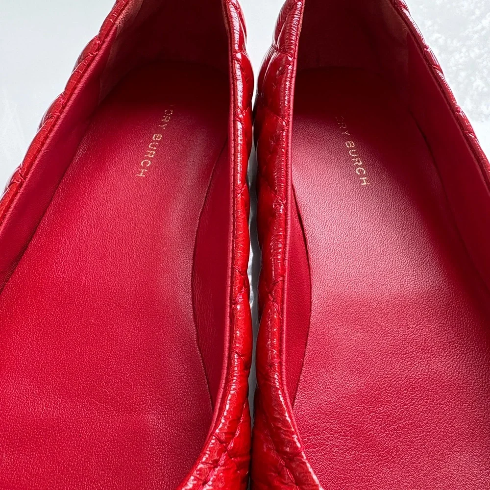 Tory Burch chelsea quilted ballet flat vince patent crinkle, fiesta red/gold sz6 - Picture 11 of 13